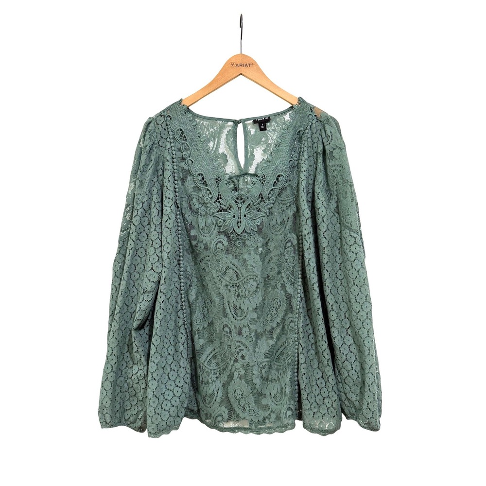 Torrid Sage Green Floral Lace Boho V-Neck Blouse Long Sleeve Plus Size 1 1X